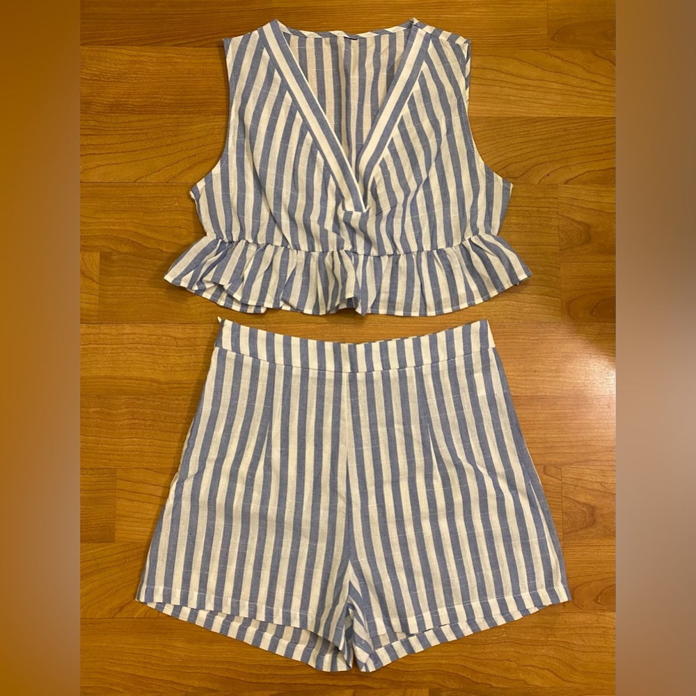 Blue Striped Ruffle Crop Tank & Shorts Set - Picture 6 of 9